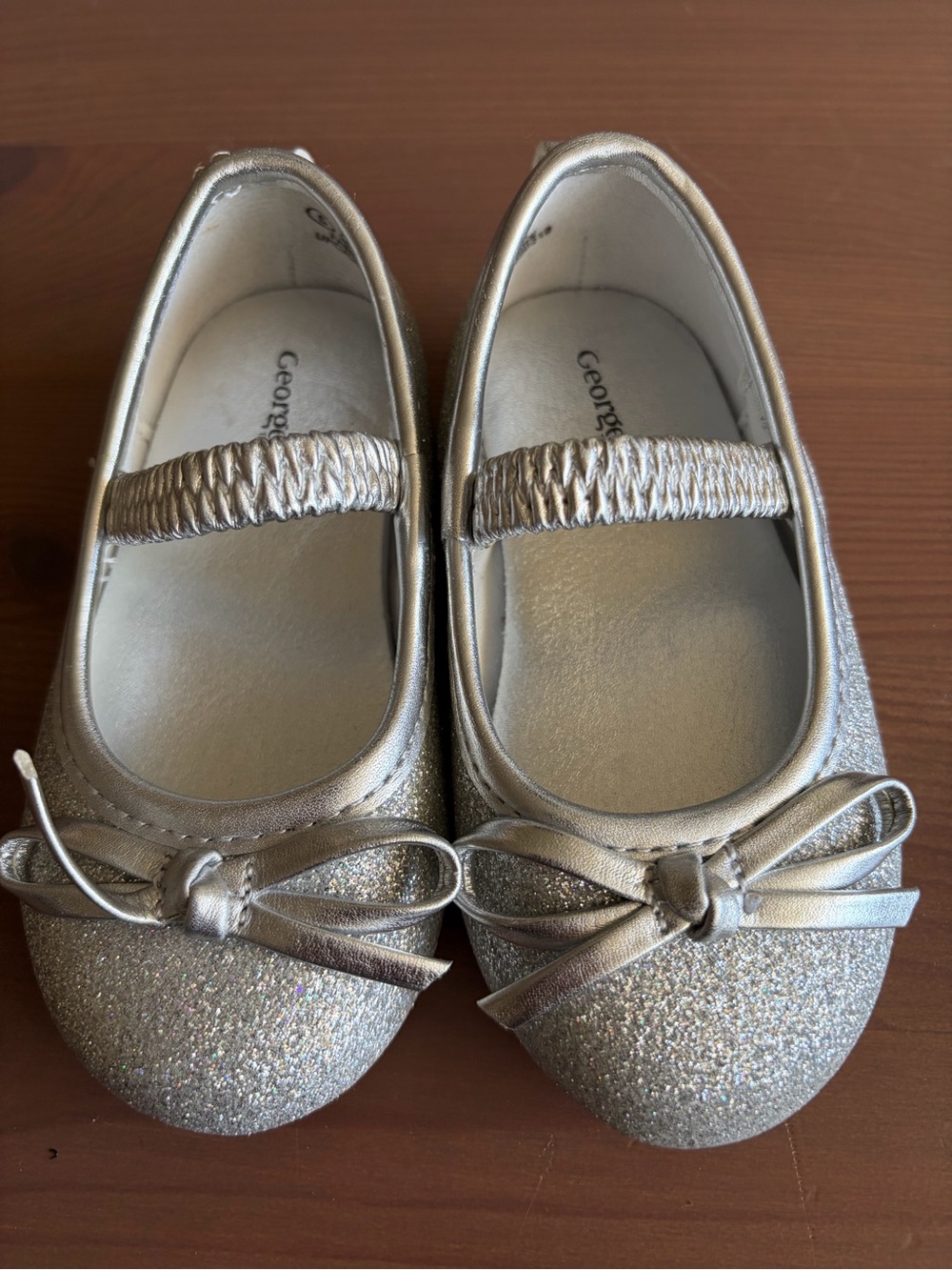 George Girls' Silver Glitter Bow Mary Jane Flats
